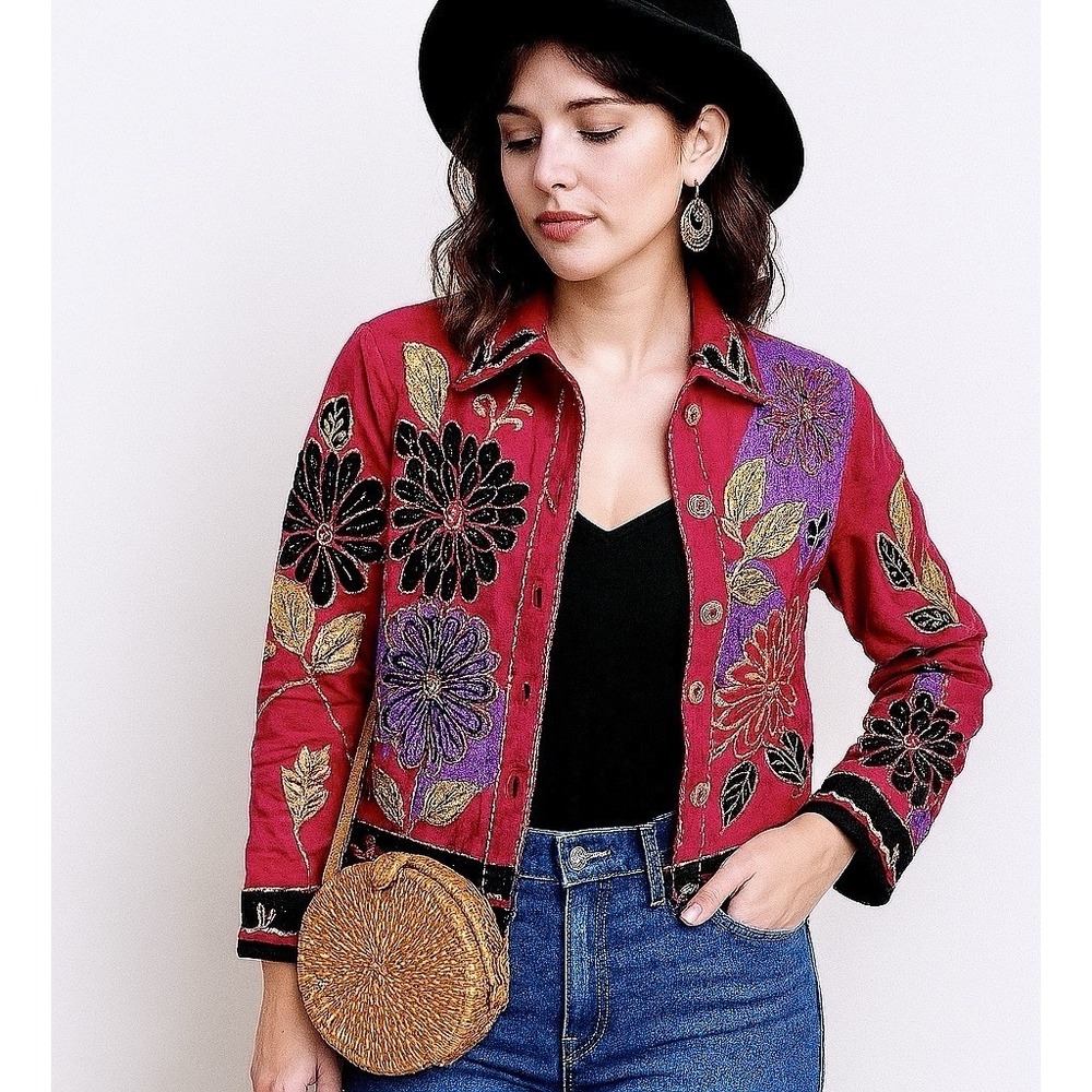 VTG Sandy Starkman Sz L Colorful Art To Wear Embellished Patchwork Jacket